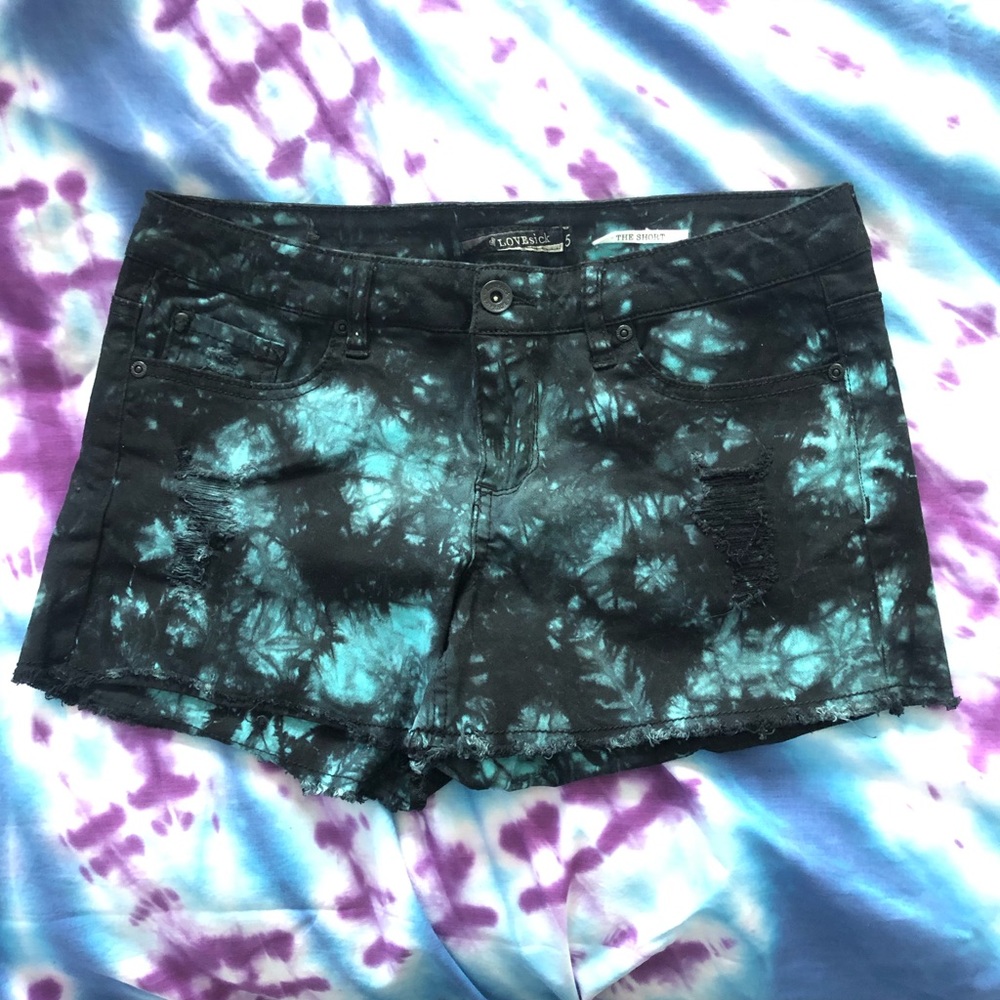 Lovesick Distressed Tie Dye Shorts in Blue